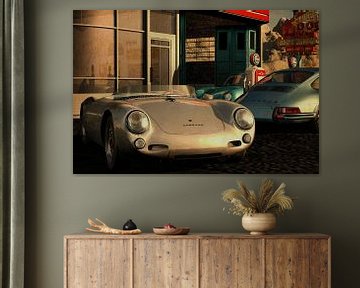 Porsche 550 along with Porsche 911 and Porsche 356 in gas station by Jan Keteleer