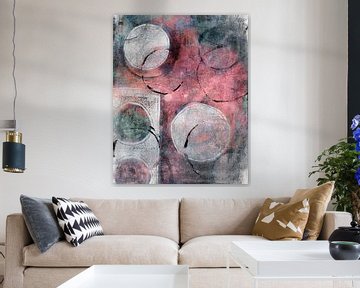 Abstract schilderij met vormen in roze, grijs, groen, wit en zwart van Dina Dankers