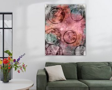 Abstract painting with  shapes in rusty orange, pink, greenish greys by Dina Dankers