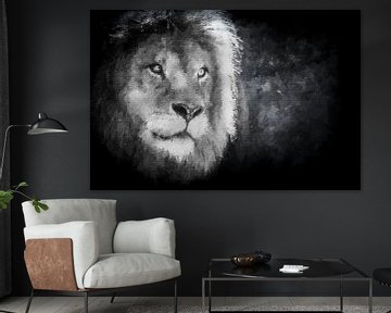 Zwart-wit portret van een mannetjes leeuw (mixed media)