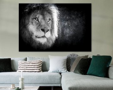 Black and white portrait of a male lion (mixed media) by Art by Jeronimo