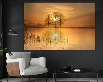 Lever de soleil orange entre trois arbres se reflétant dans l'eau sur KB Design & Photography (Karen Brouwer)