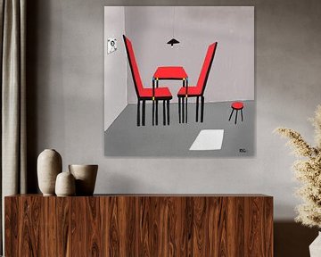 Two empty red chairs and a stool in a small waiting room van Martin Groenhout