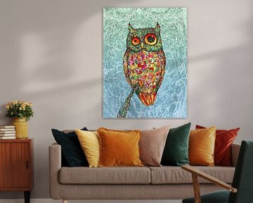 Colored owl watercolor, the scratch owl by Bianca Wisseloo