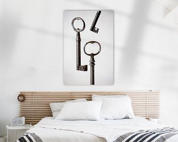 Drei schwebende antike Schlüssel auf weißem Hintergrund von Marjolein Hameleers