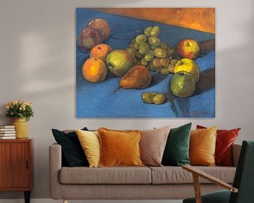 Stilleven schilderij met peren, appels, sinaasappels en druiven. van Galerie Ringoot