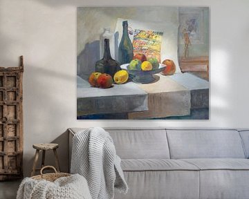 Still life oil painting with bottles and fruit in artist's studio by Galerie Ringoot