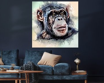Portret van een West-Afrikaanse chimpansee (waterverf, mixed media) van Art by Jeronimo