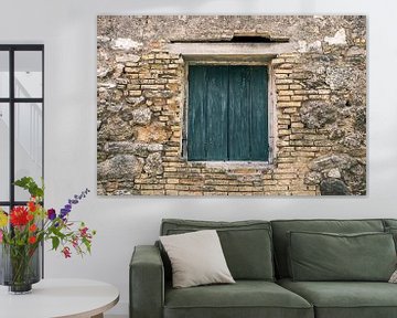 Old Wall with Blue Window Frame and Rusted Hinges by Art By Dominic