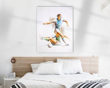 Levendige Illustratie van twee voetbal spelers in actie - geschilderd met acryl op papier