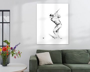 Sports illustration of a Golf player. Black acrylic paint on paper by Galerie Ringoot