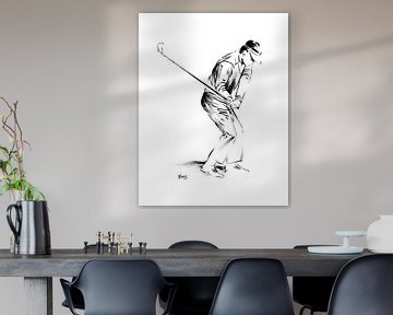 Sports illustration of a Golf player. Black acrylic paint on paper by Galerie Ringoot