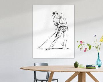 Sportillustration eines Golfspielers. Schwarze Acrylfarbe auf Papier von Galerie Ringoot
