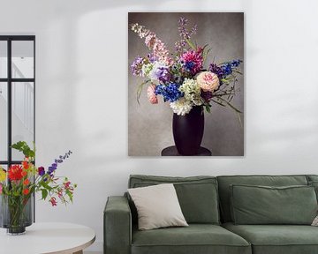 Still life colorful bouquet of flowers with sparrow by Marjolein van Middelkoop