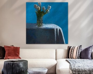 Flower painting blue, still life with flowers by Hella Maas
