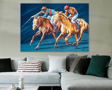 Illustration of two jockeys during a horse race by Galerie Ringoot
