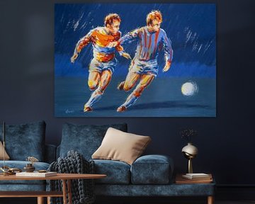 Deux joueurs de football pendant le match - Illustration acrylique sur papier sur Galerie Ringoot