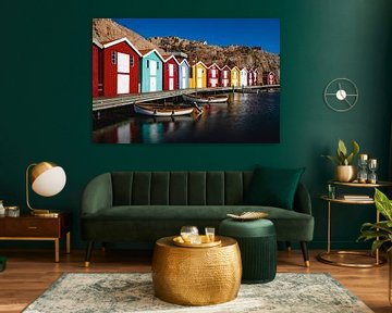 Gekleurde huisjes en bootjes  in Zweden