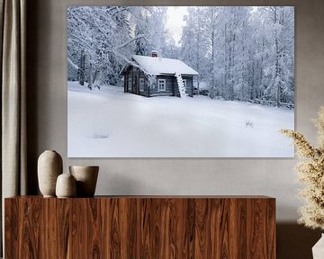 Besneeuwd houten huisje in winterlandschap van Martijn Smeets