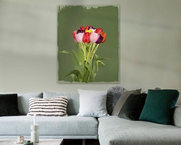 Bouquet de tulipes sur fond vert sur Leon Brouwer