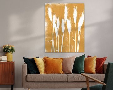 Grass blades in white on ocher yellow. Modern botanical minimalist art by Dina Dankers