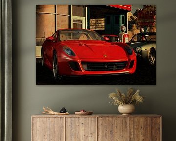 Ferrari 599 GTB Fiorano from 2006 at an old gas station