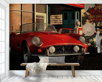 Ferrari 250GT Spyder California uit 1960 bij een oud benzinestation
