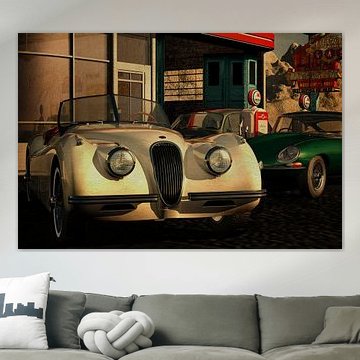 Jaguar XK 120 at an old gas station