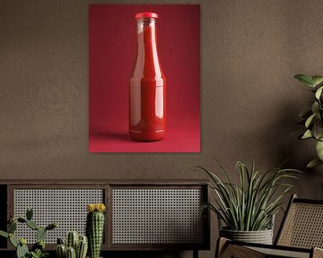 Fles lekkere biologische ketchup op rood van Andreas Berheide Photography