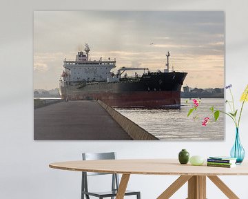 Groot zeeschip en zonopkomst van af de pier Wijk aan Zee van scheepskijkerhavenfotografie