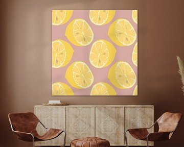 Gele citroenen op roze. Retro stijl illustratie van Dina Dankers