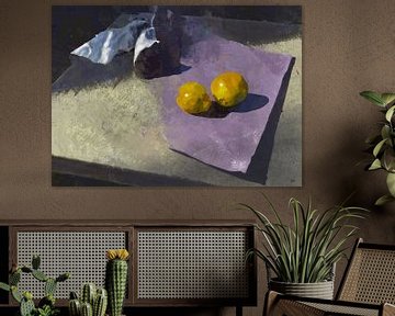 Modern stilleven met kweeperen in paars en geel van Hella Maas