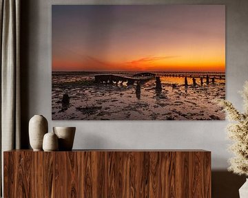 Wadden Sea, sunrise at Paesens Moddergat (Shipwreck of Wierum) by Gert Hilbink
