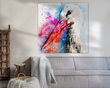 Buntes Porträt eines Storches (Kunst, Aquarell)