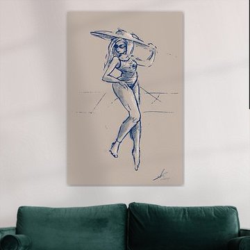 Frau mit Sonnenhut - beige und blau von Emiel de Lange