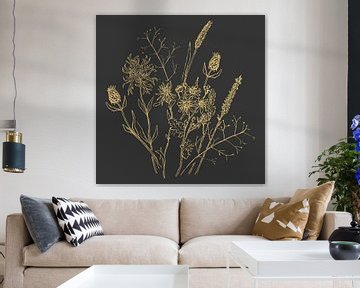 Zeichnung von Wildblumen anthrazit und gelb von Emiel de Lange