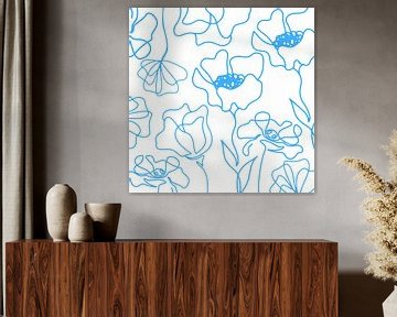 Scandinavische Bloemenmarkt Water Blauw op Wit van Mad Dog Art