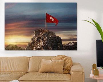 Waving Swiss flag in beautiful evening light by Besa Art