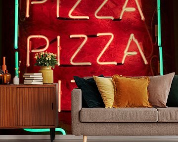 Neon Pizza sign in Soho London UK by Christa Stroo photography