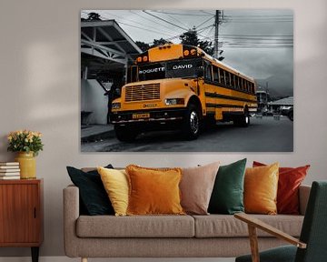 Old yellow school bus in Panama - Black White and Yellow by Marlo Brochard
