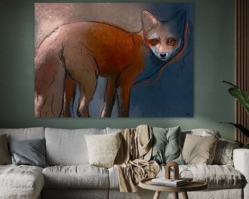 Impressionistisch vos schilderij met blauw en rood. Night fox. van Hella Maas