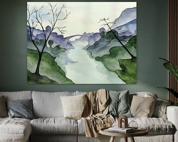 Het dorp aan de rivier (abstract aquarel schilderij landschap bomen brug kerk Frankrijk bergen) van Natalie Bruns