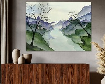Das Dorf am Fluss (abstrakte Aquarellmalerei Landschaft Bäume Brücke Kirche Frankreich Berge) von Natalie Bruns