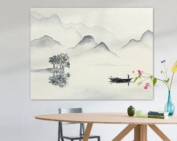 In de vroege ochtend op pad om te gaan vissen (zwart wit aquarel schilderij landschap boot zee Azië)