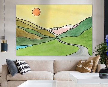 Roadtrip westkust Nieuw Zeeland deel 2 van 2 (zonnig abstract aquarel schilderij bergen landschap) van Natalie Bruns