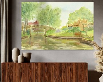 Varen door het karakteristieke dorp Giethoorn (aquarel schilderij landschap Nederland brug  sloot)