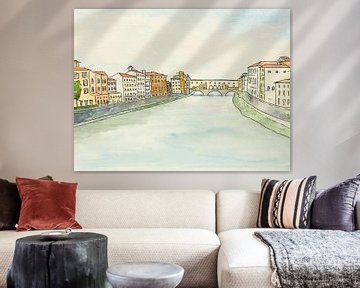 Ponte Vecchio , de 'geheime brug' in Florence (aquarel schilderij landschap Italië stad Europa )