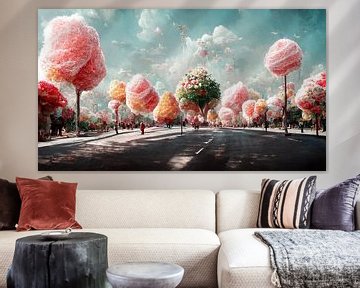 Ein Straßenzug mit Bäumen aus Zuckerwatte und Bonbons an einem schönen Sommertag von Berit Kessler