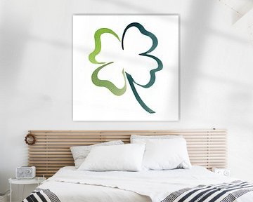 Minimalist vierblättriges Kleeblatt mit weißem Hintergrund (Aquarellmalerei Blumen Quadrat Linie Kun von Natalie Bruns