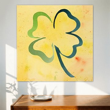 Minimalist four-leaf clover with yellow background (abstract watercolor painting flowers plants 4) by Natalie Bruns